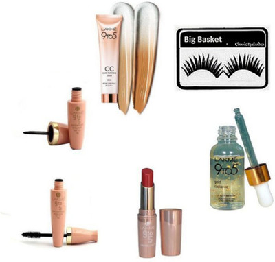

big basket Eyelashes, 9to5 Liner&Mascara,Lipstick,Gold Radiance Face Serum & CC Color transform Cream(Set of 6)