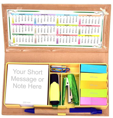 

Dharohar The Heritage 1. Pen (blue, eco-friendly quality)2. Stapler 3. Highlighter/Marker 4. Sharpener 5. Eraser 6. Paper/Gem/U Clips (twenty, multi-colour) 7. Note Paper 200 sheets 8. Stick-On 1000 Sheets in five colours (each colour 200 sheets) 8. Calen