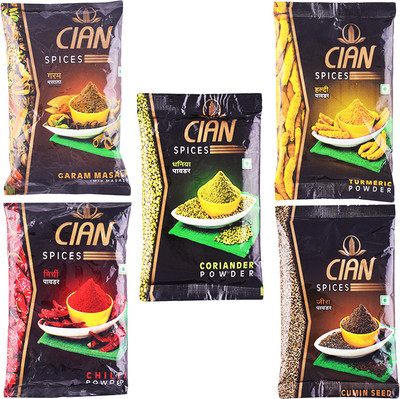 

cian Spice Combo Pack of 5-450Gm (Red Chilli Powder 100gm + Turmeric Powder 100gm + Garam Masala 100gm + Cummin Seed Powder 100gm + Corriander Powder 50gm)(5 x 90 g)