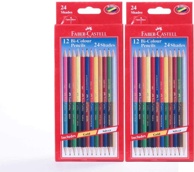 FABER-CASTELL Bi-color Pencils Pack of 2 - 24 Shades 2 Colors In 1 Includes Gold & Silver Superior Break Resistance Hexagonal Shape Shaped Color Pencils(Set of 2, Multicolor)