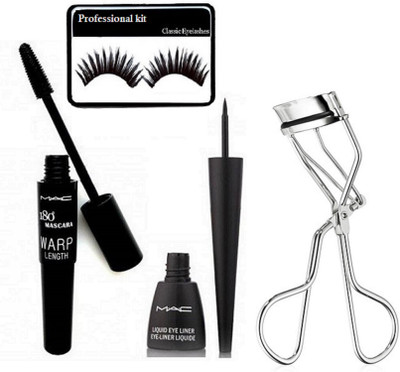 

Professional kit eyelashes , mac liquid eyeliner & 180 wrap mascara with eye lash curler(Set of 4)