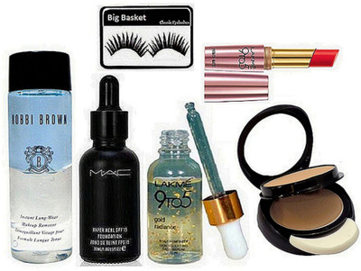 

big Basket Eyelashes, Mac Two Way Compact, Hyper Real Foundation, Bobbi Brown Instant Long Wear Makeup Remover, 9to5 Face Serum, Matte Lipstick(Set of 6)