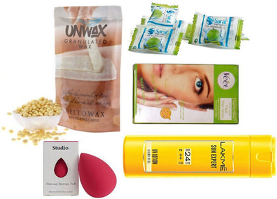 

studio Sponge Puff With Unwax Granulated Wax Beans,Veet Face Wax Stripes & Lakme Sunscreen And Magic Napkin Pack Of(Set of 5)