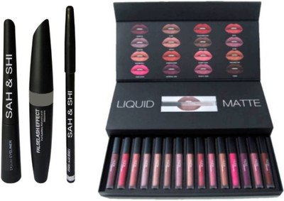 

Sah&Shi Eyebrow Black Pencil With Mascara & Liquid Eyeliner set of 3 with Set of 15 lipsticks(Set of 2)