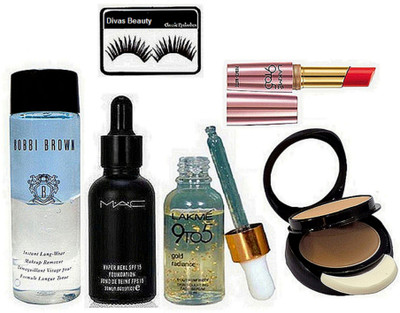 

Divas Beauty Eyelashes, Mac Two Way Compact, Hyper Real Foundation, 9to5 Face Serum, Matte Lipstick, Bobbi Brown Instant Long Wear Makeup Remover(Set of 6)