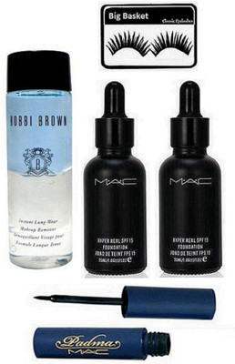 

big basket Eyelashes, Mac Hyper Real Foundation (Pack of 2), Brown Instant Long Wear Makeup Remover, Padma Eyeliner(Set of 5)