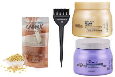

Professional kit Hair Brush, L'oreal Liss Unlimited Hair Spa With Absolut Repair Lipidium Spa & Vitamino A-OX Color Spa (Set Of 3)& Unwax Stripless Granulated Wax 100gm(Set of 5)