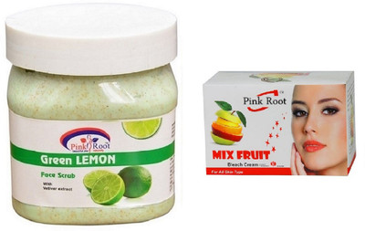 

Pink Root GREEN LEMON SCRUB 500ML WITH MIX FRUIT BLEACH 50G(Set of 2)