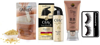 

Professional kit Eyelashes,Lakme 9to5 bright benefit cream, Olay total Effects 7 Anti Ageing cream& Unwax Stripless Granulated Wax 100gm(Set of 4)