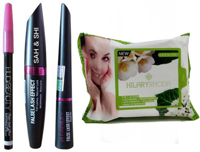 

Sah&Shi Cleansing And Makeup Remover 25pcs facial Wipes with Huda Mascara,Liquid Eyeliner and Eyebrow Pencil(Set of 2)