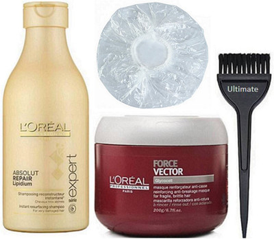

Ultimate hair brush, shower cap & loreal paris Absolut repair shampoo & loreal paris force vector masque(Set of 4)