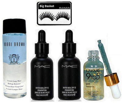

Big Basket Eyelashes, Mac Hyper Real Foundation (Pack of 2), Bobbi Brown Instant Long Wear Makeup Remover, 9to5 Face Serum(Set of 5)