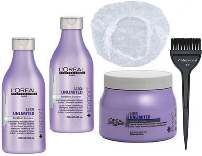 

PROFESSIONAL KIT hair brush & L'Oreal Professionnel Liss Unlimited Shampoo ( set of 2) & Liss Unlimited Hair Spa & shower cap(Set of 5)
