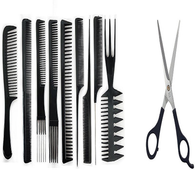 

BOXO Hair Comb With Hair Cutting Scissor For Saloon And Parlour Use For Men And Women, Black(Set of 10)