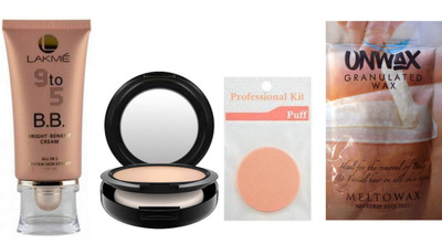 

Professional kit Makeup Puff,Lakme 9to5 bright benefir cream, Mac studio fix powder plus foundation compact& Unwax Stripless Granulated Wax 100gm(Set of 4)