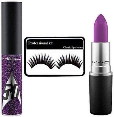 

Professional kit eyelashes , mac retro matte finish lipstick with star trek purple sparkle lip gloss(Set of 3)