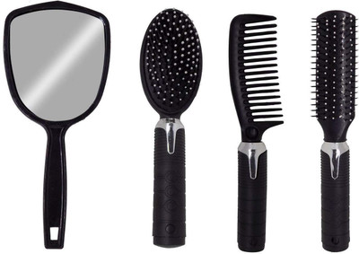 

Bueno Combo Of Hair Comb Set With Mirror Holder, Perfect Salon And Parlour Mirror Holder Set, Detangling Brush For Men And Women, Pack Of 1(Set of 4)