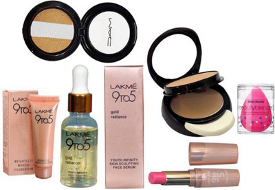

divas beauty Sponge Puff & 9To5 Gold Radiance Face Serum & 9To5 Weightless Mousse Fundation & 9To5 Lipistick, Mac Two Way Compact, Eyeshadow Fard A Joues Miniralize(Set of 6)