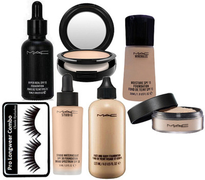 

Pro longwear combo Eyelashes, Mac Face and Body, Studio waterweight, Mineralize moisture, Hyper real Foundation, Studio Fix Compact, Loose Powder(Set of 7)