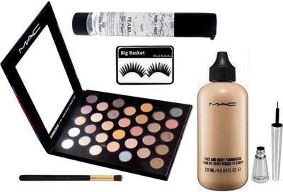 

big Basket Eyelashes, Mac Face and Body Foundation, 32 shade Eyeshadow Palette, Prep+prime Pearl Gel Primer, Brook Candy Eyeliner with Makeup Brush(Set of 6)