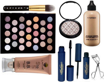 

big Basket Makeup Brush, 32 shade Eyeshadow palette, Face and Body Foundation, padma Eyeliner & Mascara, Fit Beauty Makeup Powder Illuminator, Lakme 9to5 BB Cream With Eyelashes Curler(Set of 8)