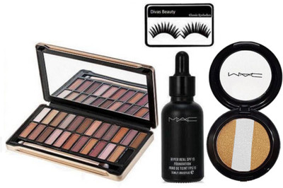 

divas beauty Eyelashes With Naked 4 Eyeshadow Palette, Mac Hyper Real SPF 15 Foundation, Eyeshadow Fard A Joues Miniralize(Set of 4)