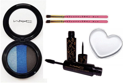 

Professional kit two makeup brush , mac eye shadow fard a joues mineralize, 2 in 1 liquid eyeliner & mascara with silicone puff(Set of 5)