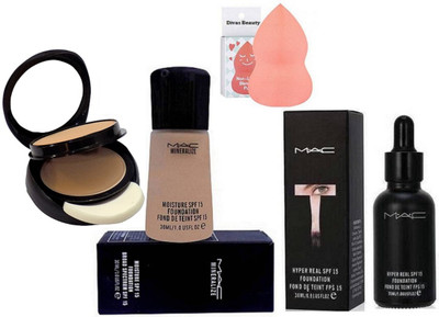 

divas beauty Sponge Puff, Mac Mineralize Moisture Liquid Foundation With Hyper Real SPF 15 Foundation With Two Way Compact(Set of 4)