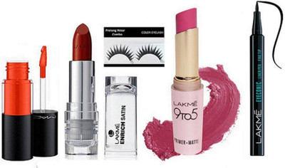 

Pro longwear combo Eyelashes,,9 To 5 Matte Finish Lipstick,Enrich Lipstick,Eyeconic liner& Mac lipgloss versicolour stain encre a leveres longlasting/longue duree(Set of 5)