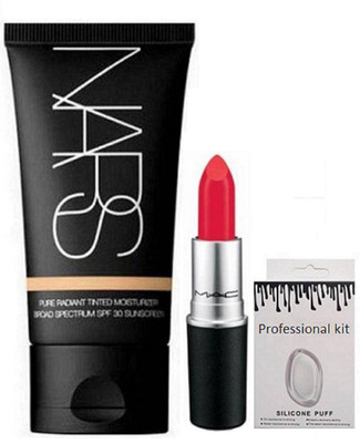 

PROFESSIONAL KIT silicon puff & Nars Pure Radiant Tinted Moisturizer Spf 30 foundation & Mac matte finish Lustre Lipstick(Set of 3)