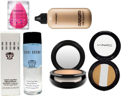

divas beauty Spong Puff With Bobbi Brown Makeup Remover Instant Longwear & Mac Face & Body Foundation & Sudio Fix Compact, Eyeshadow Fard A Joues Miniralize(Set of 5)