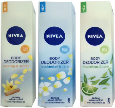 

Nivea FRESH LILY & SANDAL BODY DEODORIZER 120ml +FRESH CITRUS & CARE BODY DEODORIZER 120ml +FRESH PETAL & CARE BODY DEODORIZER 120ml Deodorant Spray - For Men & Women(120 ml, Pack of 3)