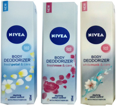 

Nivea FRESH PETAL & CARE GAS FREE BODY DEODORIZER 120ml +FRESH ROSE & CARE GAS FREE BODY DEODORIZER 120ml +WHITE MUSK & CARE GAS FREE BODY DEODORIZER 120ml Deodorant Spray - For Men & Women(120 ml, Pack of 3)