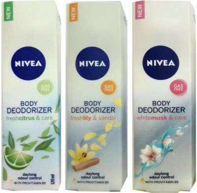 

Nivea WHITE MUSK & CARE BODY DEODORIZER 120ml +FRESH LILY & SANDAL BODY DEODORIZER 120ml +FRESH CITRUS & CARE BODY DEODORIZER 120ml Deodorant Spray - For Men & Women(120 ml, Pack of 3)