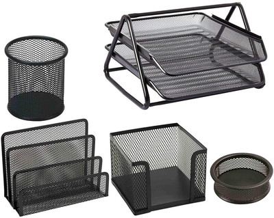 

Royalkart 5 Compartments Metal 5 Pcs Set Multi-functional Mesh Pencils Desk Desktop Storage Organizer Box Slots office set(Black)