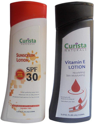 

Curista Naturals Nourishing & moisturizing vitamin E body lotion & Sunscreen Body Lotion SPF 30+ With Aloe Vera & Almond Oil Extract 150 ml x 2 Combo Pack(300 ml)