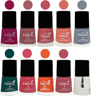 

FABIA Multicolor Nail Polish/Mix Color/Combo Color Set of 10pcs (2609201897) Raspberry-Lip-Bazooka Joe-Light Peach-Wild Gray Yonder-Dark Green-Shock Pink-Sour Orange-Mauve Pink-Top Coat(Pack of 10)