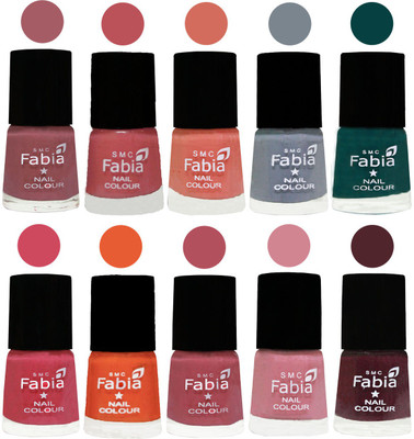 

FABIA Multicolor Nail Polish/Mix Color/Combo Color Set of 10pcs X 10ml (2609201902) Lip-Bazooka Joe-Light Peach-Wild Gray Yonder-Dark Green-Shock Pink-Sour Orange-Mauve Pink-Rose-Wine(Pack of 10)