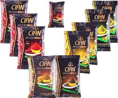 

cian Spice Combo Pack of 10-950 Gm (3 Red Chilli Powder 100gm + 2 Corriander Powder 100gm + 2 Turmeric Powder 100gm + Garam Masala 100gm + Cummin Seed Powder 100gm + Premium Chilli Powder 50gm)(10 x 95 g)