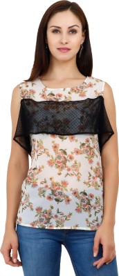 RAJASII Casual Sleeveless Floral Print, Lace Women Beige Top