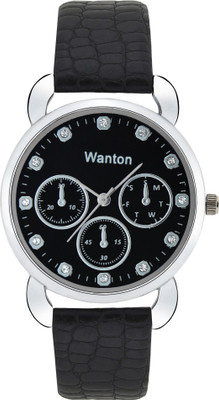 

WANTON WN48-Bk Black color chronograph pattern stylish design attachtive case shaped leather strap women Watch - For Girls