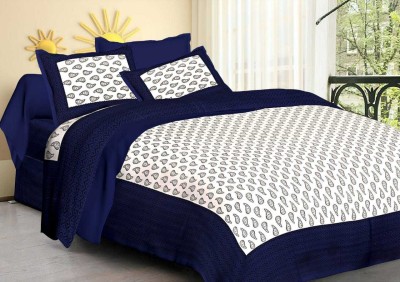 Dreamy Zone 144 TC Cotton Double Printed Flat Bedsheet(Pack of 1, White & Blue)