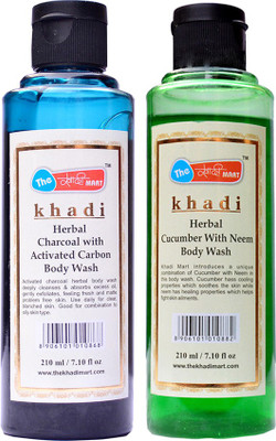 

Khadi Mart Charcoal with Activated Carbon Body Wash + Cucumber with Neem Body Wash - (Pack of 2) - 420 mL(420 ml, Pack of 2)
