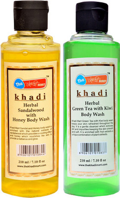 

Khadi Mart Green Tea Kiwi Body Wash + Sandal with Honey Body Wash - (Pack of 2) - 420 mL(420 ml, Pack of 2)
