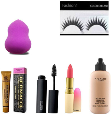 

FASHION 1 Combo Eyelesh ,mascara ,Mac matte lipstick mac foundation,Dermacol with sponge puff(set of 6)(Set of 6)