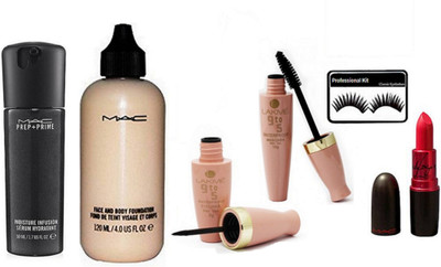 

Professional kit Eyelashes and Face and Body Foundation& Pre+Primer Moisture Infusion Serum Hydrant,lady gaga matte Lipstick and 9 to 5 Liquid Eyeliner & Mascara(Set of 6)
