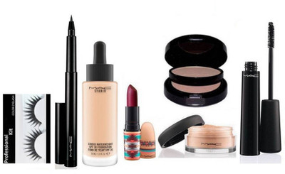 

Professional kit Eyelashes & Mac Studio Water weight Foundation,Loose Powder, Pressed Powder Two Way Compact,Matte Finish Lipstick and Mac pencil eyeliner and mascara(Set of 7)