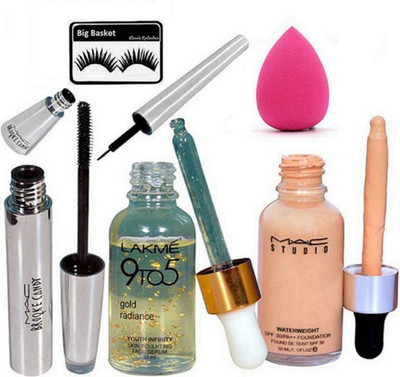 

big Basket Eyelashes, Mac Studio waterweight Foundation, Brook Candy Eyeliner & Mascara, 9to5 Gold radiance Serum with Sponge Puff(Set of 6)