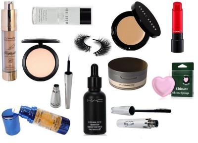 

Ultimate Silicon Puff And With Mac Brooke Candy Eyeliner, Mascara, Hyper real Foundation &face Loose Powder,Liptensity Lipstick,Prep+Prime Skin Base Visage Primer,Highlighter & Studio Fix Compact,Eyelashes And Bobbi Brown Concealer,Makeup Remover(Set of 1