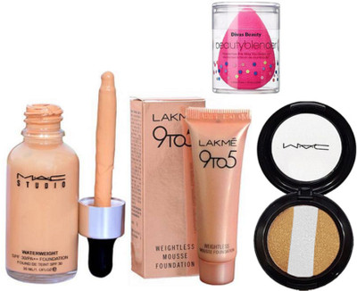 

divas beauty Sponge puff & Mac. studio waterweight spf30 foundation and lakme 9 to 5 weightless mousse foundation, Eyeshadow Fard A Joues Miniralize(Set of 4)